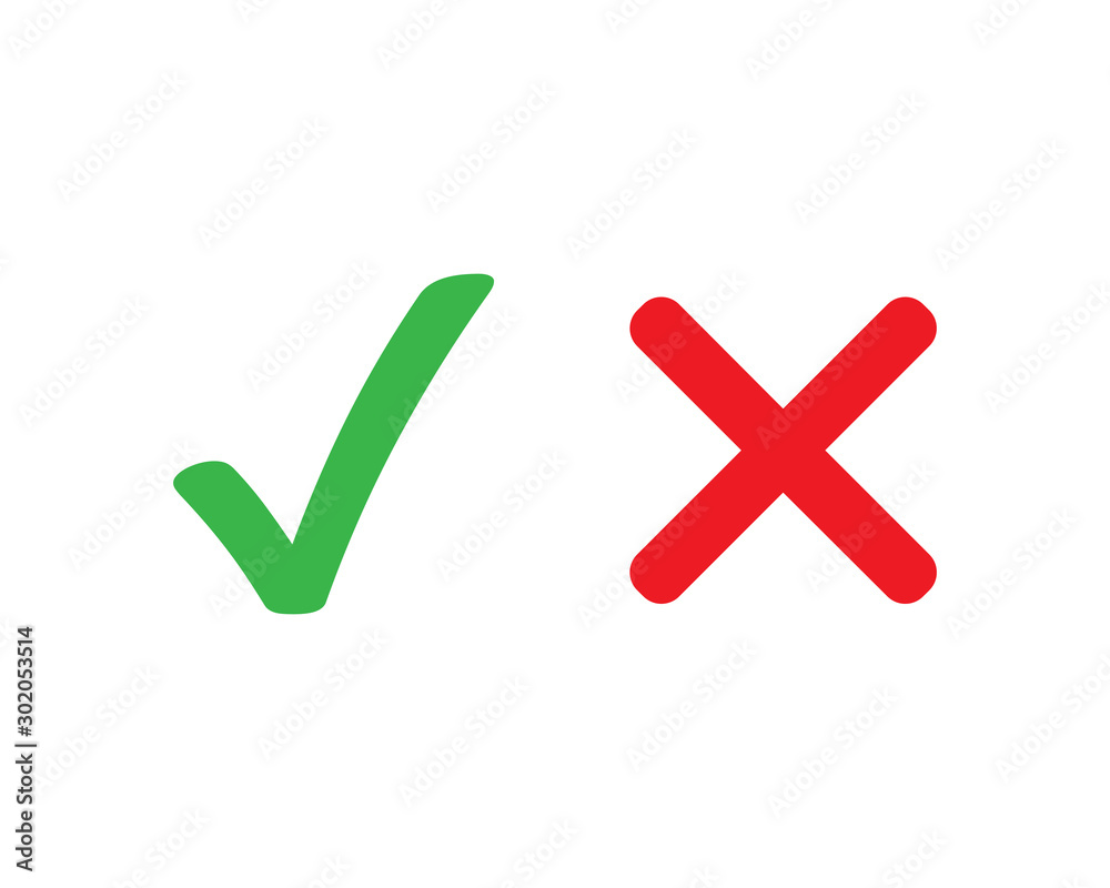 Checkmark cross vector symbol on white background. Yes no or accepted not accepted symbol. Green and red icons in flat. EPS 10 Checkmark cross vector symbol on white background. Yes no or accepted not accepted symbol. Green and red icons in flat. EPS 10