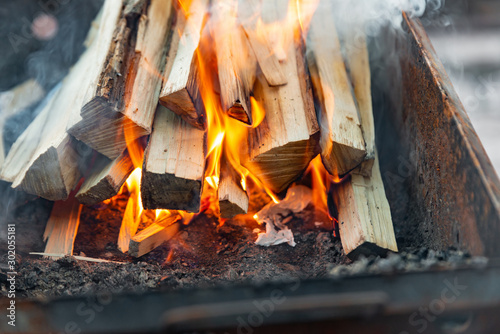 Burning logs for kindling a fire, flame and smoke on fire. Logs in a barbecue for frying meat.
