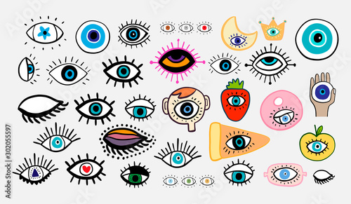 Big eyes set different forms hand drawn vector illustrations in cartoon comic style