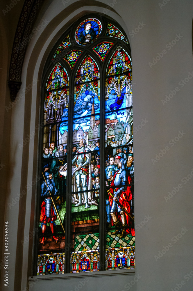 Stained Glass Windows Of The Riga Dom Dome Cathedral Church. Decorative Elements.