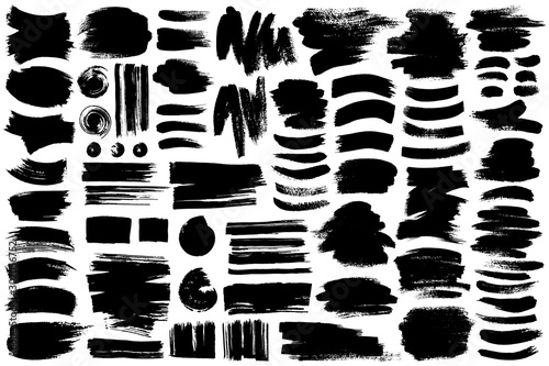 Collection of different ink brush strokes:rectangle,square and round freehand drawings.Ink splatters,grungy painted lines,artistic design elements.Vector paintbrush set.