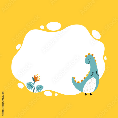 Dinosaur. Vector illustration of a dino with a blot frame in simple cartoon hand-drawn style. Template for your text or photo. Ideal for cards, invitations, party, kindergarten, preschool