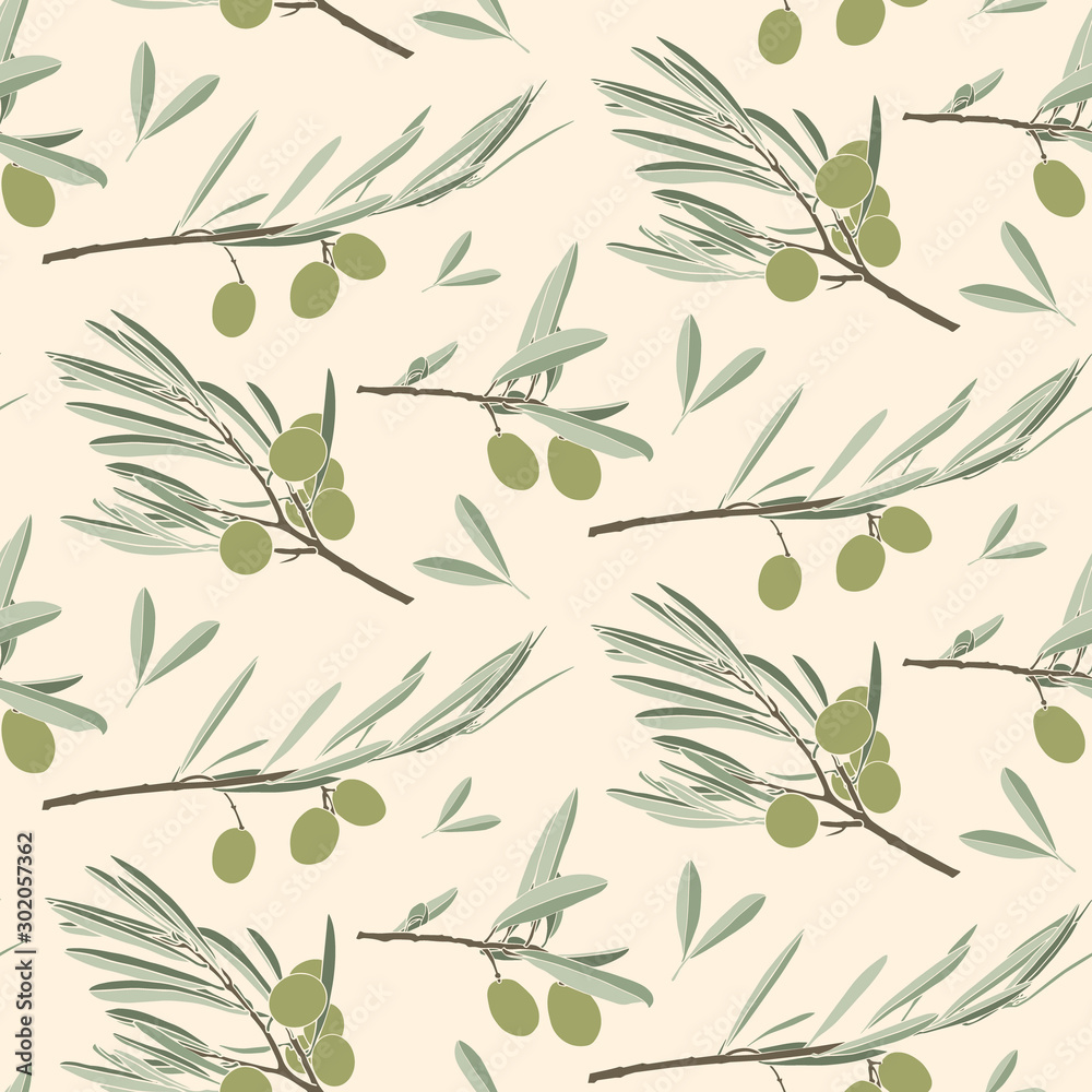 Ripe olives. Olive branches Vector seamless pattern. Hand Drawn doodle olive tree twigs, olive berries.
