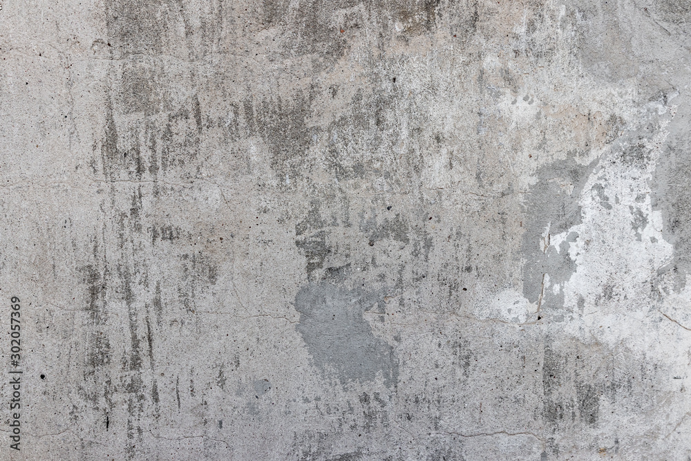 Texture of old gray concrete wall with spots, smudges, traces of paint, scratches, roughness for background