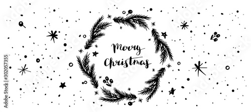 Merry Christmas holiday card with fir branches wreath and snowflakes. Black and white hand drawn winter design