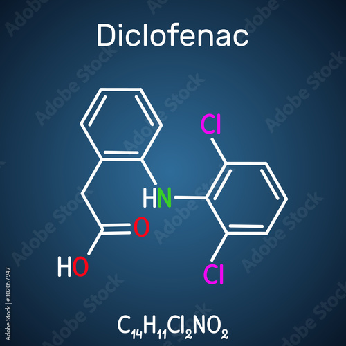 Diclofenac molecule, is a nonsteroidal anti-inflammatory drug NSAID drug. Structural chemical formula on the dark blue background photo