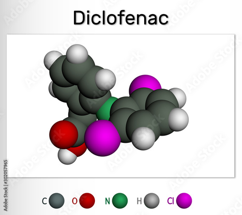 Diclofenac molecule, is a nonsteroidal anti-inflammatory drug NSAID drug. Molecule model. photo