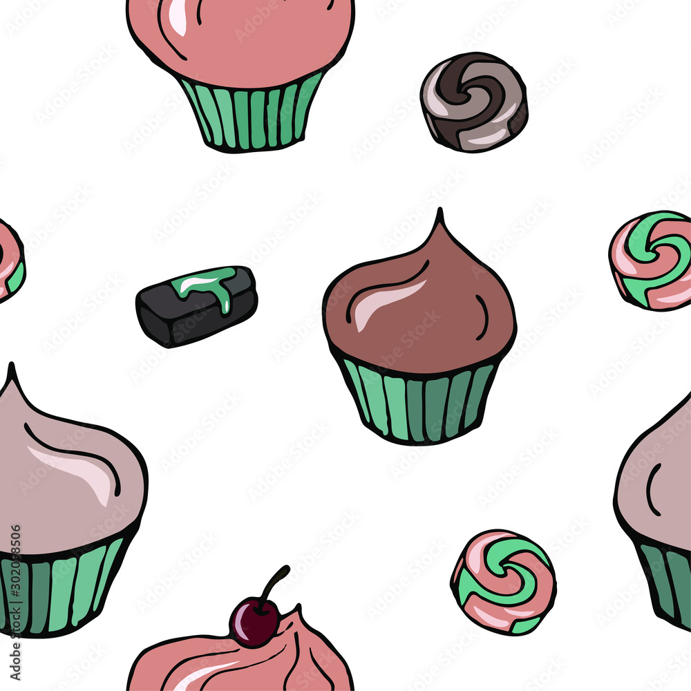 Food vector illustration. Sweets, dessert, muffins, pastries. For print, design, back surface, textile, packaging, canvas. Colored hand drawn vector illustration. Seamless color patterns.