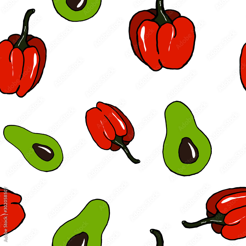 Food vector illustration. Vegetables. For print, design, back surface, textile, packaging, web. Colored hand drawn vector illustration. Seamless color patterns.