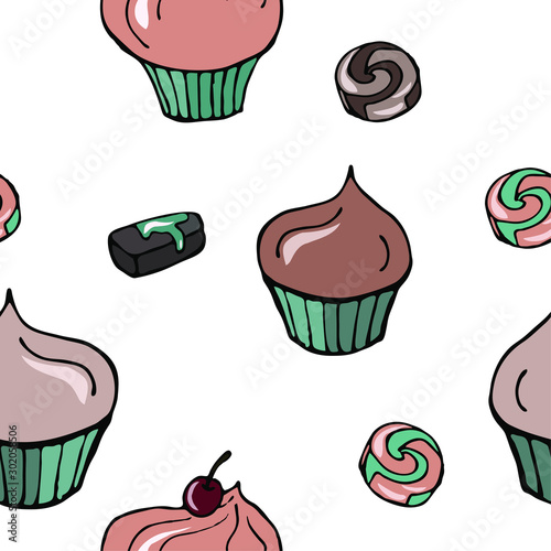 Obraz na płótnie Food vector illustration. Sweets, dessert, muffins, pastries. For print, design, back surface, textile, packaging, canvas. Colored hand drawn vector illustration. Seamless color patterns. w salonie