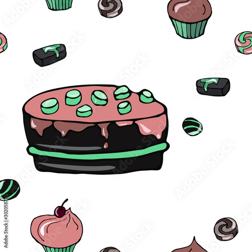 Food vector illustration. Sweets, dessert, muffins, pastries. For print, design, back surface, textile, packaging, canvas. Colored hand drawn vector illustration. Seamless color patterns.