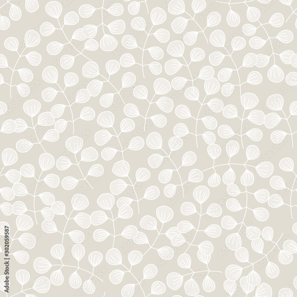 Eucalyptus silver dollar tree leaves seamless floral pattern. Hand drawn  white leaf twig texture on beige background. Romantic design for fabric,  wedding invitations, textile, wallpaper. Vector EPS 10 vector de Stock |
