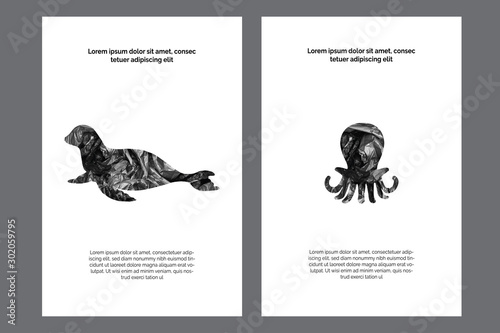 Poster templates eco kit. Sea animals silhouettes- black garbage bag. Concept of saving the environment and plastic pollution of the world ocean