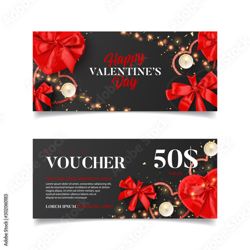 Valentine's Day sale gift voucher. Vector illustration with red and black gift boxes, light garland, candles and confetti on black background. Discount coupon usable for invitation or ticket.