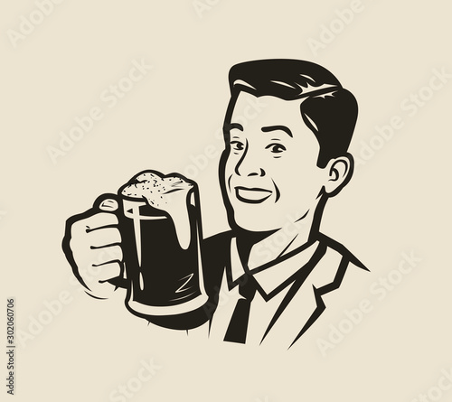 Happy man holding a beer mug. Retro vector illustration