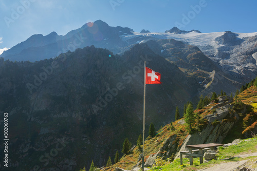 Wonderful views of the mountains in the Swiss Alps with backpackers. 