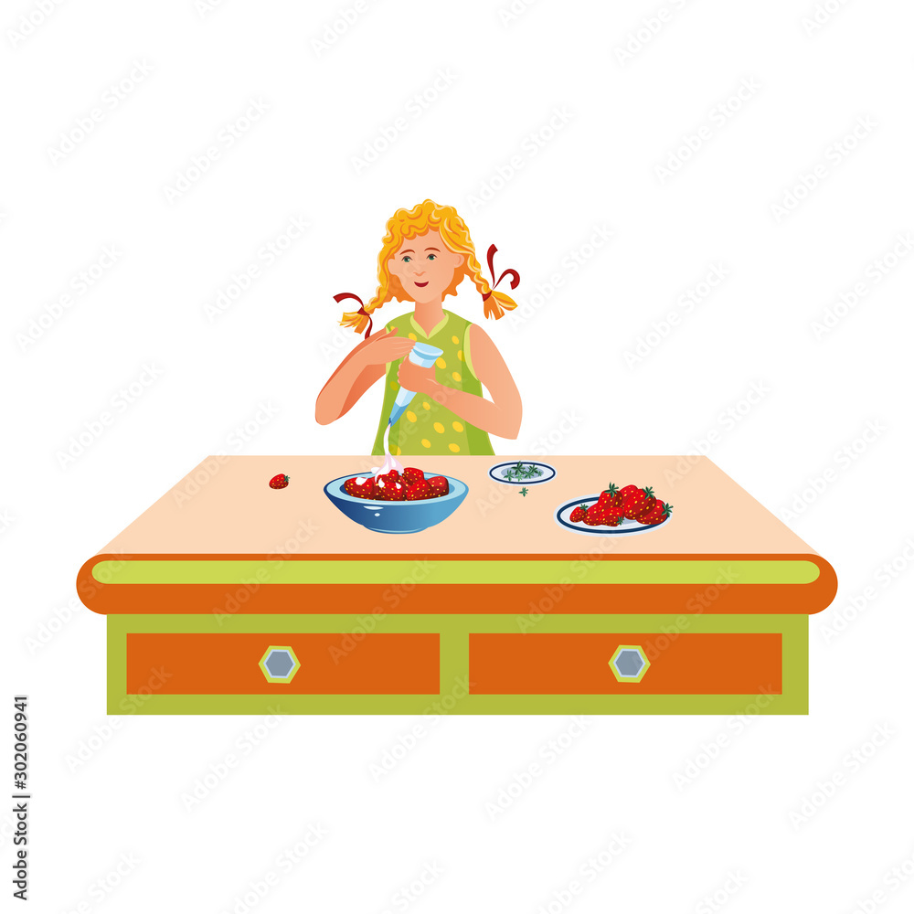 The cute little girl presses cream on a plate with strawberries. Vector illustration in flat cartoon style.