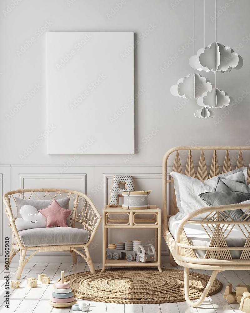 mock up poster frame in children bedroom, Scandinavian style interior background, 3D render, 3D illustration - obrazy, fototapety, plakaty 