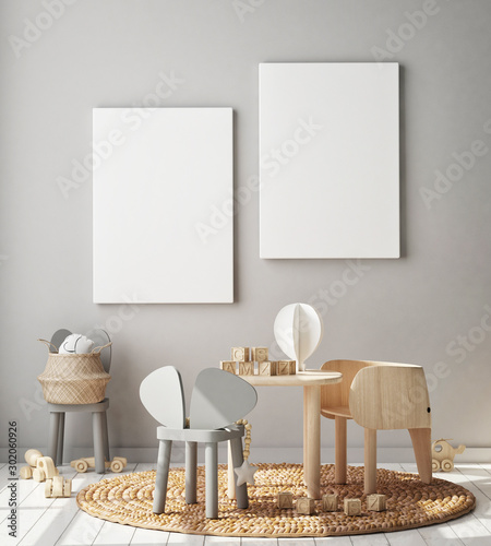 Fototapeta Naklejka Na Ścianę i Meble -  mock up poster frame in children bedroom, Scandinavian style interior background, 3D render, 3D illustration