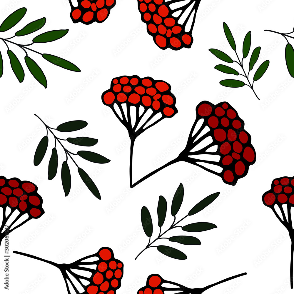 Rowan leaves and berries vector illustration. For print, design, back surface, textile, packaging, canvas. Hand drawn vector illustration. Seamless patterns.
