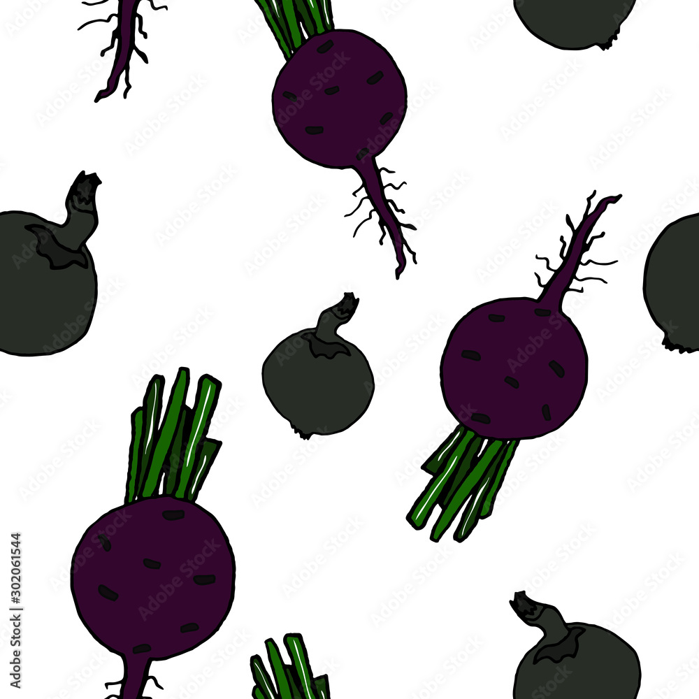 Food vector illustration. Vegetables. For print, design, back surface, textile, packaging, web. Colored hand drawn vector illustration. Seamless color patterns.