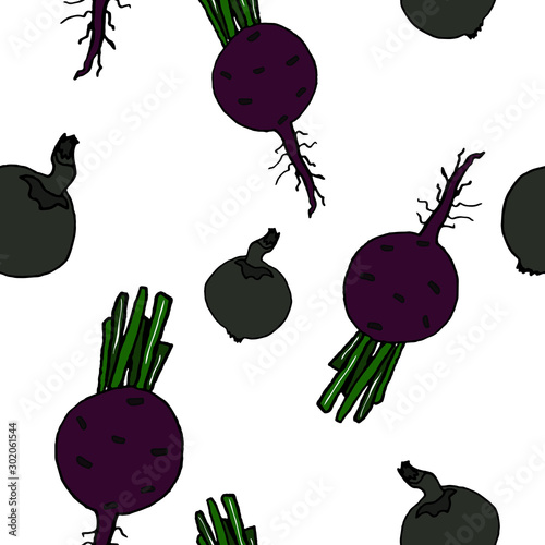 Obraz na płótnie Food vector illustration. Vegetables. For print, design, back surface, textile, packaging, web. Colored hand drawn vector illustration. Seamless color patterns. w salonie