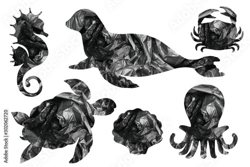 Sea animals silhouettes- black garbage bag. Elements for design- concept of saving the environment and plastic pollution of the world ocean