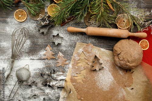 The process of making gluten-free vegan gingerbread cookies. Christmas atmosphere, top view, flat lay.