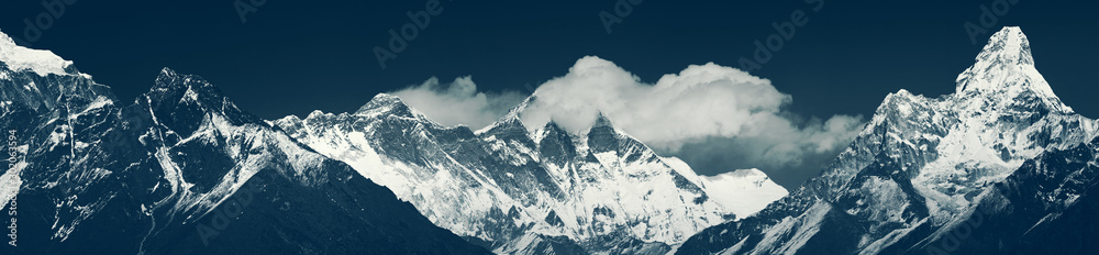 Panoramic view of main himalayan range. Solukhumbu District (Sagarmatha NP, Nepal): Khumbi Yul Lha, Nuptse peaks, Everest, Lhotse, Ama Dablam