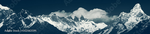 Panoramic view of main himalayan range. Solukhumbu District (Sagarmatha NP, Nepal): Khumbi Yul Lha, Nuptse peaks, Everest, Lhotse, Ama Dablam photo