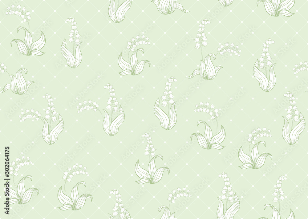 Lily of the valley, may-lily Seamless pattern, background. Vector illustration. In art nouveau style, vintage, old, retro style. On tea green background.. Lily of the valley, may-lily Seamless pattern, background. Vector illustration. In art nouveau style, vintage, old, retro style. On tea green background..