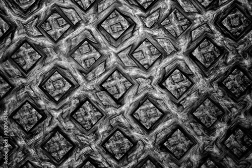  Abstract mosaic background, squares in black-white with ornament. Dark fantasy theme. Beautiful background for wallpaper and poster.