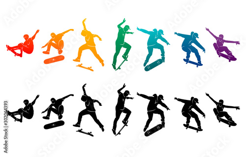 Skate people silhouettes skateboarders colorful vector illustration background extreme skateboard, skateboarding 