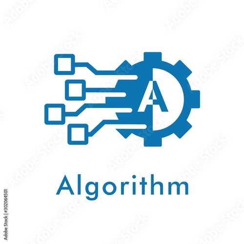 Letter A on the gear. Algorithm. The working process. Vector icon on a white background.