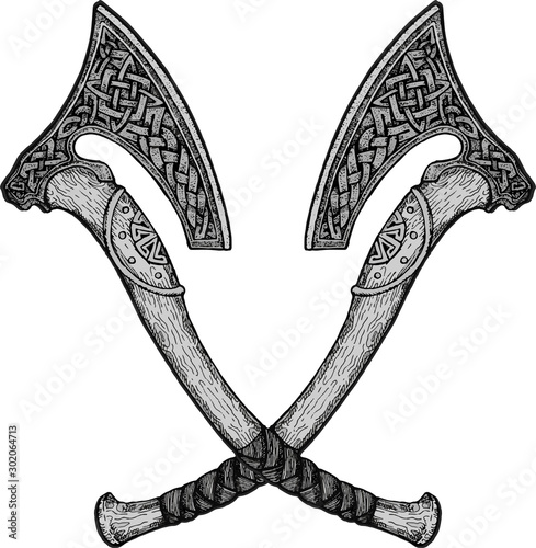 Vector image of two fighting axes of Vikings. Triskele. Illustration of Scandinavian myths. Odin sign. Runes: victory, fight, power. Celtic sacral symbol. Vector illustration.