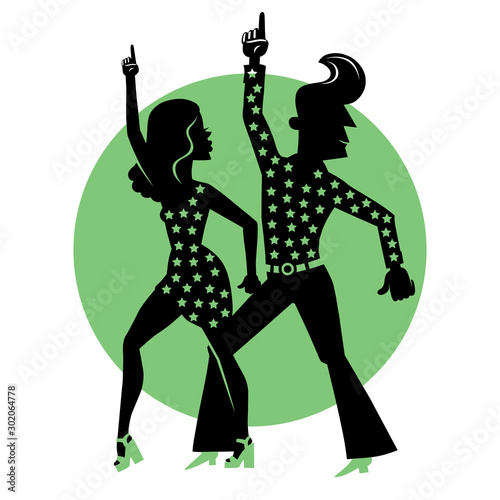 Silhouette of a dancing couple on a green background. Man and woman dancing disco.