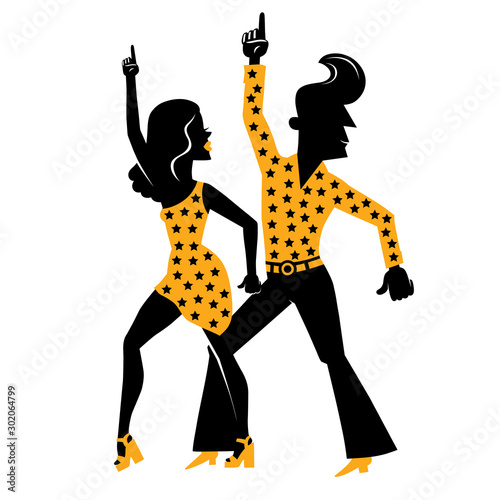 Silhouettes of man and woman. They are dancing disco.