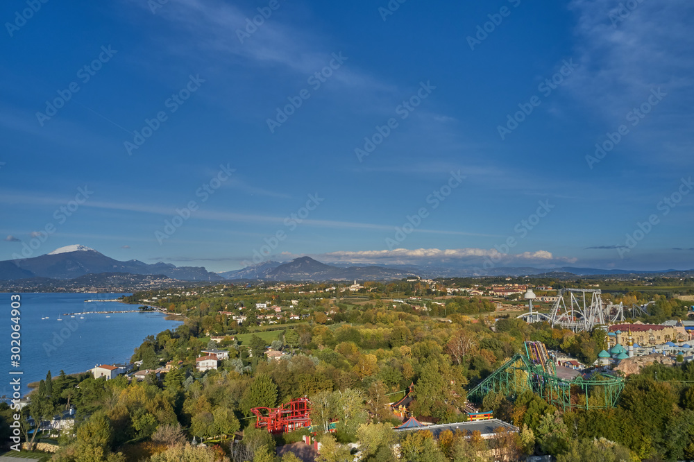 Aerial photography with drone. Amusement park Gardaland, Italy.  Resort place. Aerial view. Autumn-winter season