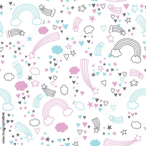 Seamless pattern stars and comets and heart.