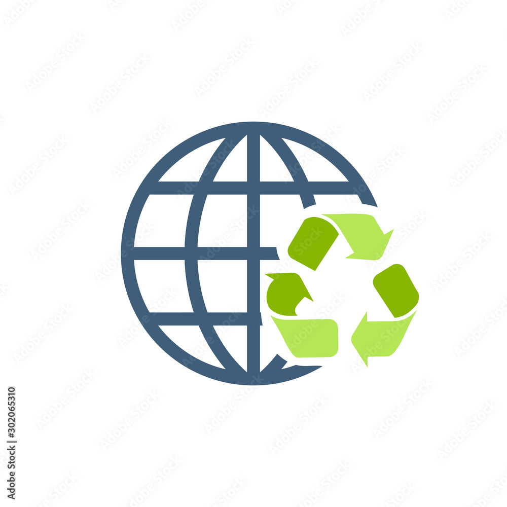 Recycling arrows and globe or earth icon. Stock Vector illustration isolated on white background. Recycling arrows and globe or earth icon. Stock Vector illustration isolated on white background.