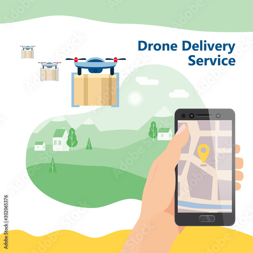 Delivery drone service landing. Hand hold smartphone application for parcel shipment tracking map