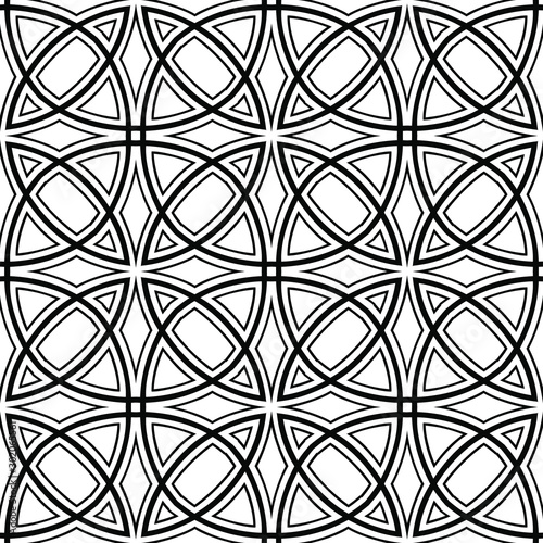 Circle seamless, medieval trellis pattern, seamless fabric print, linear seamless print, black and white vector illustration.