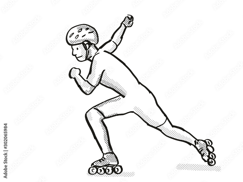 athlete skater inline speed skating Cartoon Retro Drawing athlete skater inline speed skating Cartoon Retro Drawing