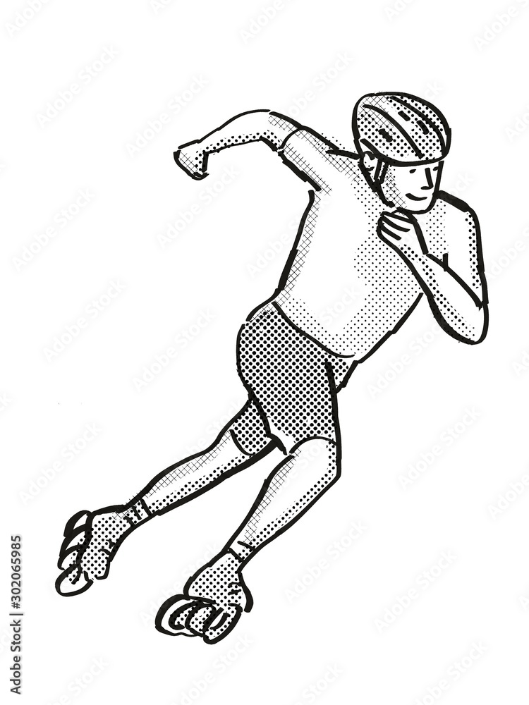 athlete skater inline speed skating Cartoon Retro Drawing