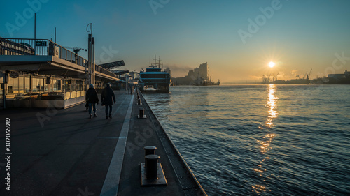 Morning on a pier in the harbor of Hamburg.