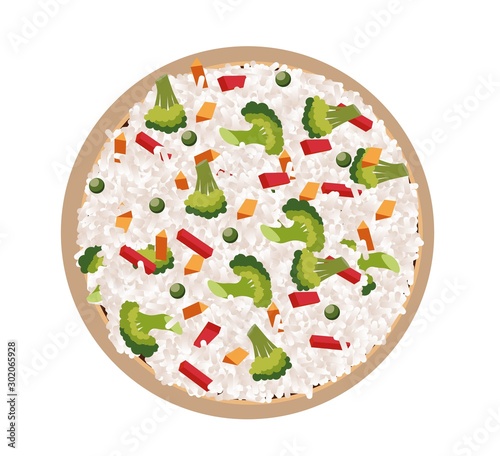 Rice with vegetables in a bowl isolated on white background. Vector illustration. Healthy food.