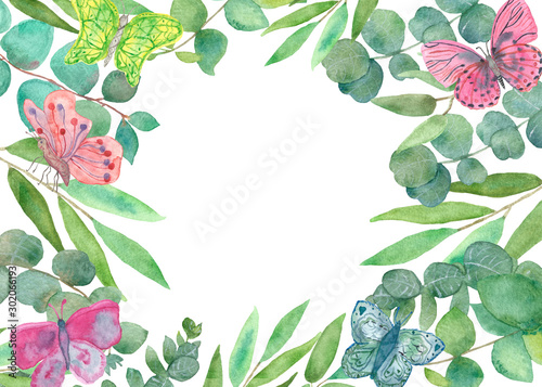 Watercolor hand painted nature romantic border frame with green eucalyptus leaves and branches, pink three butterflies on the white background for invitations and greeting card with the space for text