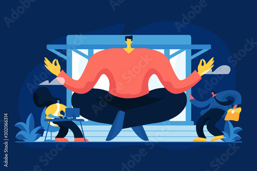 Business mentoring, coaching vector illustration. Corporate leadership, stress management, mentorship concept. Meditating businessman, wise executive manager and subordinates cartoon characters