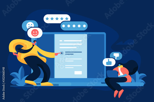 Clients review flat vector illustration. Customer experience, survey form, website rating concept. Social media networks feedbacks and ranking. Internet user expressing positive and negative opinion