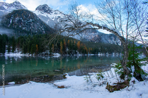 Lake Tovel in Trentino in early winter, Italy